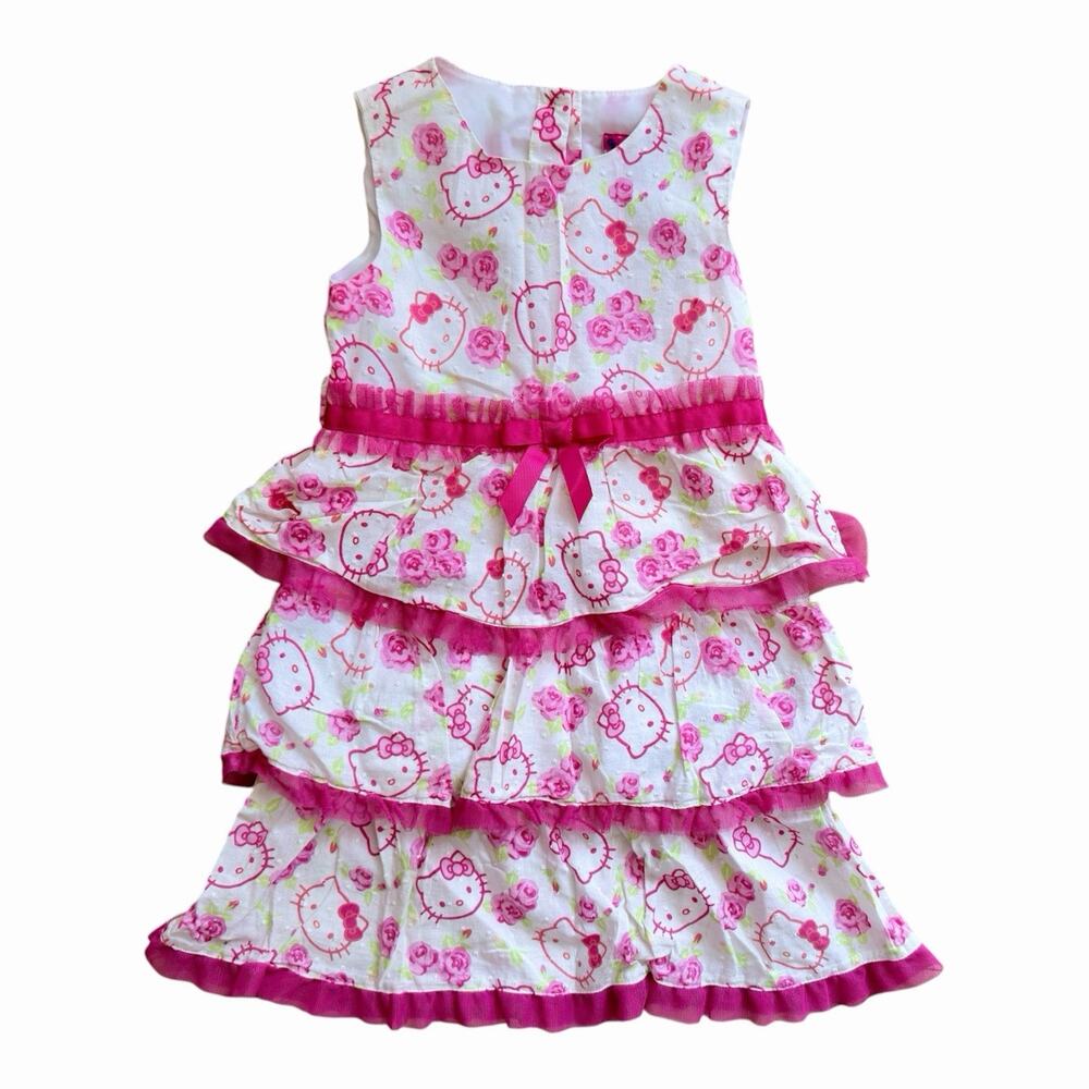 Sanrio Hello Kitty Girls Dress Size 6 Y2K 2014 Pink Floral Rose Ruffle Tiered